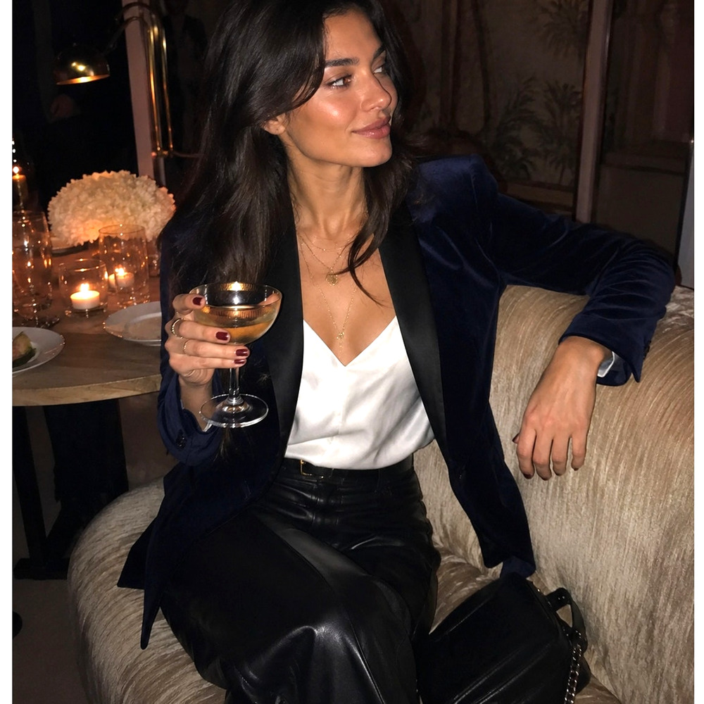 Alice+Olivia 2 Velvet Tuxedo Blazer $550 Navy Blue Black Satin Collar Jacket NWT - Picture 2 of 10